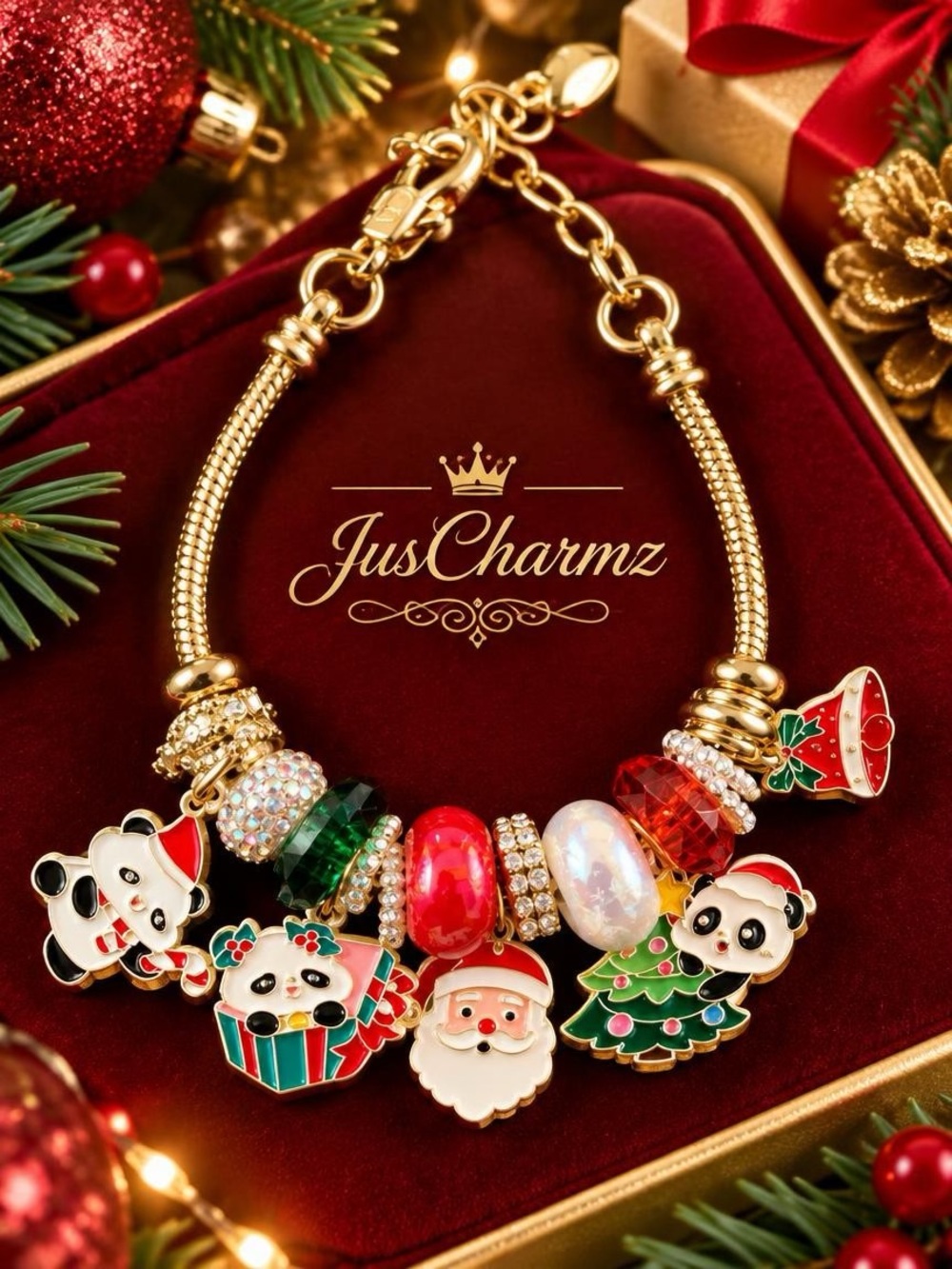 Gold Christmas Charm Bracelet with Red & Green Holiday Charms